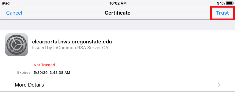 Trust the Oregon State WiFi certificate